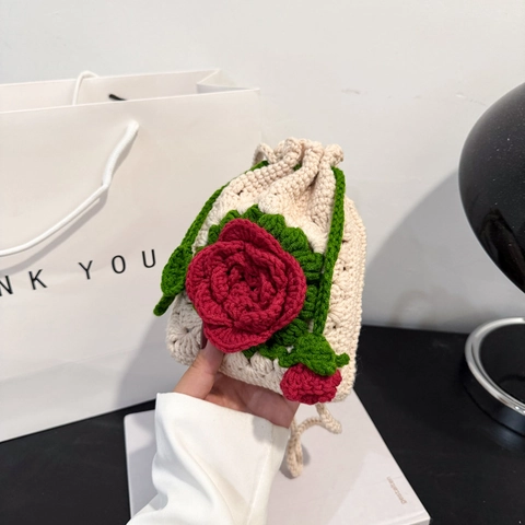 Bolso Bandolera De Ganchillo Hecho A Mano De Punto Flor De Rosa 3D Bolsa Con Cordón Vintage Pequeño Bolso