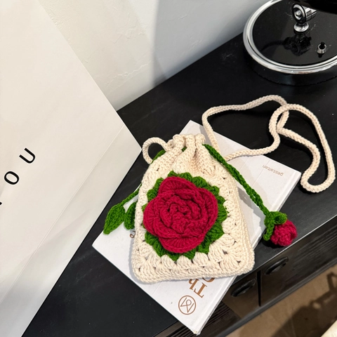 Bolso Bandolera De Ganchillo Hecho A Mano De Punto Flor De Rosa 3D Bolsa Con Cordón Vintage Pequeño Bolso