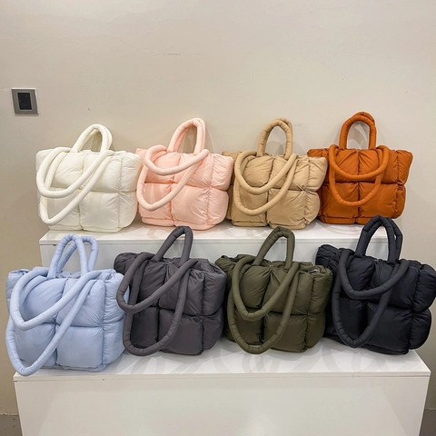 Women Quilted Puffer Tote Bag Large Capacity Padded Nylon Shoulder Handbag Solid Color Lightweight Casual Trendy