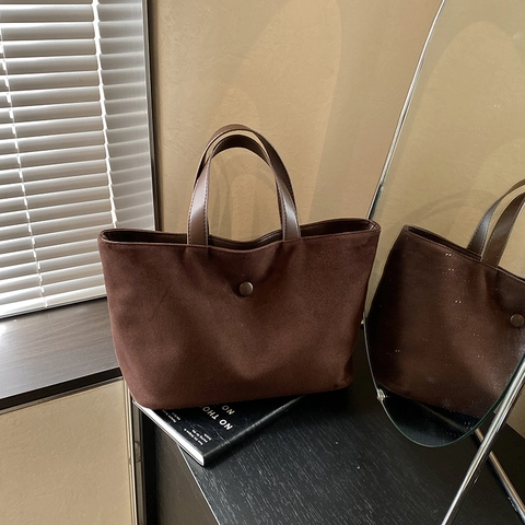 Bolso Tote Vintage De Gamuza Sintética Gran Capacidad Color Sólido Minimalista Cierre De Botón Trabajo Viaje Para Mujer