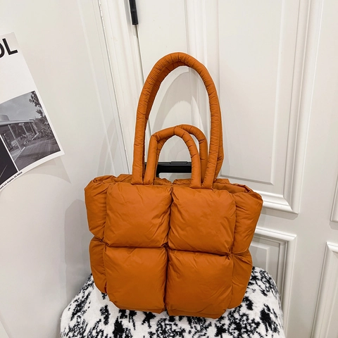 Women Quilted Puffer Tote Bag Large Capacity Padded Nylon Shoulder Handbag Solid Color Lightweight Casual Trendy