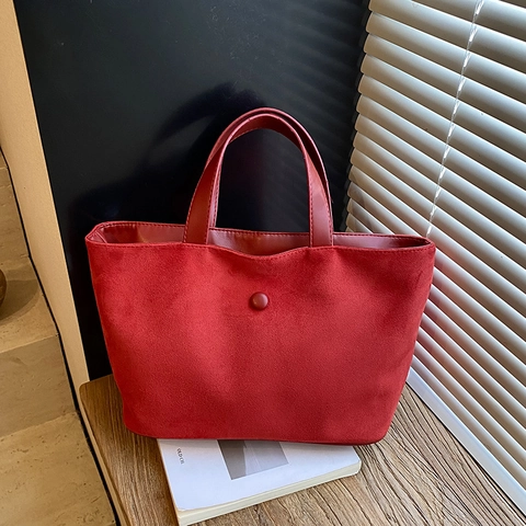 Bolso Tote Vintage De Gamuza Sintética Gran Capacidad Color Sólido Minimalista Cierre De Botón Trabajo Viaje Para Mujer