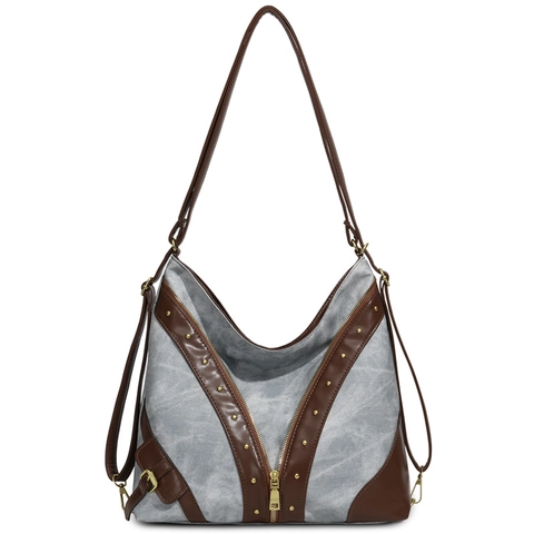 Sac Fourre-Tout Vintage Femmes Toile PU Cuir Épissage Grande Capacité Rivet Rétro Épaule Sac À Dos Sac À Main