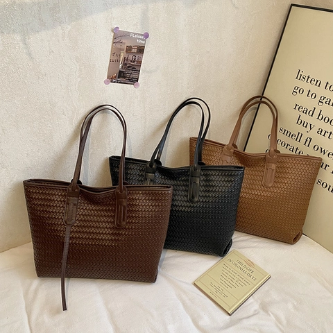 Große PU Leder Gewebte Tragetasche Für Damen Elegante Gittermuster Schultertasche Modische Alltagshandtasche