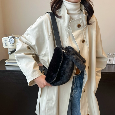 Riñonera De Felpa Piel Sintética Mujer Bolso Bandolera Con Decoración De Cola Moda Casual