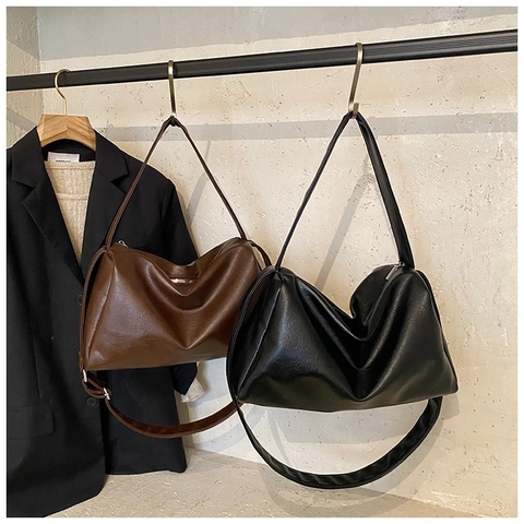 Women Large Capacity Hobo Bag PU Leather Solid Color Pleated Retro Minimalist Shoulder Crossbody Underarm Tote Bag