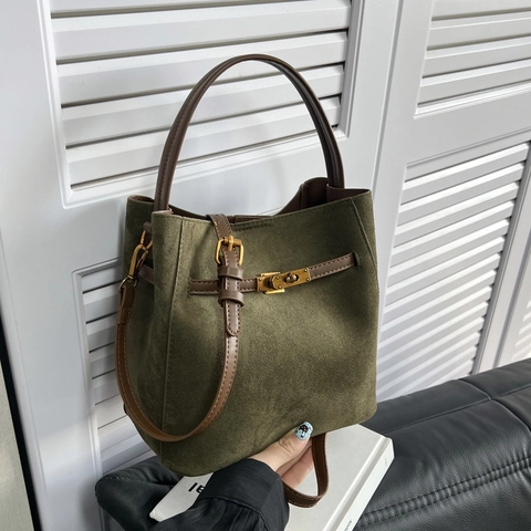 Bucket Handtasche Wildleder PU Leder Matt Mit Tasche Metall Schloss Retro Pendler Schultertasche Damen