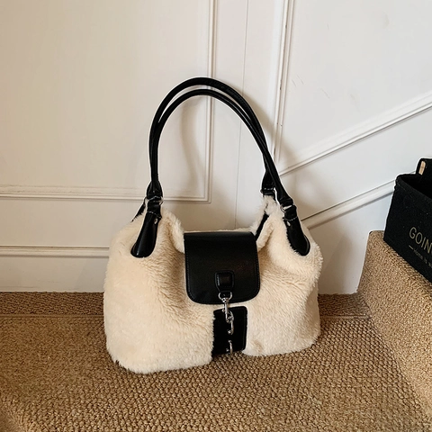 Borsa A Tracolla In Peluche Donna Ecopelliccia E Pelle PU Patchwork Colore A Contrasto Grande Capacità Inverno Borsa A Mano