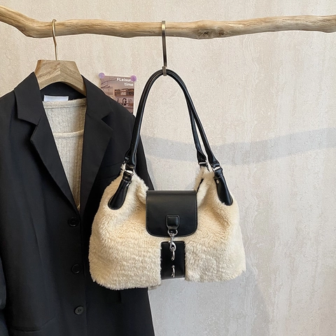 Borsa A Tracolla In Peluche Donna Ecopelliccia E Pelle PU Patchwork Colore A Contrasto Grande Capacità Inverno Borsa A Mano