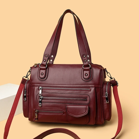 Women Crossbody Bag Multi Pocket Large Capacity Lychee Texture PU Leather Retro Motorcycle Style Handbag Shoulder Bag