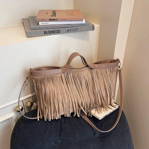Bohemian Fransen Umhängetasche Große Kapazität Wildlederimitat Quaste Tote Handtasche Mit Verstellbarem Riemen Für Damen Retro Stil