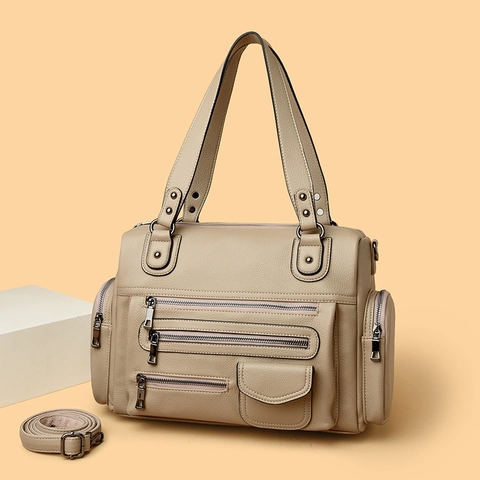 Women Crossbody Bag Multi Pocket Large Capacity Lychee Texture PU Leather Retro Motorcycle Style Handbag Shoulder Bag