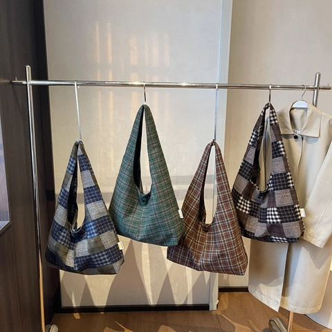 Vintage Plaid Hobo Tas Grote Capaciteit Stof Geruite Schouder Tote Tas Voor Dames Retro Casual Urban Simple Handtas