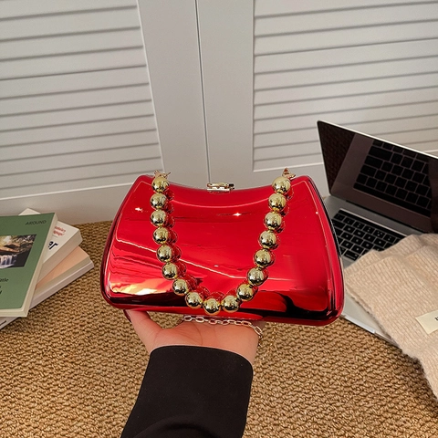 Women Acrylic Metallic Mirror Evening Bag Hardshell Clutch With Golden Bead Handle Metal Chain Strap Party Prom Wedding