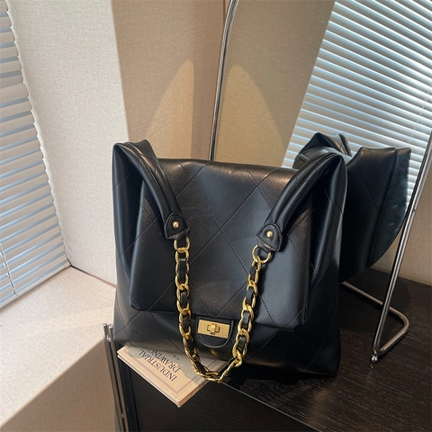 Quilted PU Leather Crossbody Bag Women Large Capacity Diamond Pattern Shoulder Bag Gold Chain Strap Vintage Lock