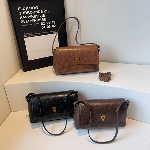 Vintage Crossbody Bag For Women Textured PU Leather Shoulder Bag With Gold Lock Retro Commuter Flap Square Bag
