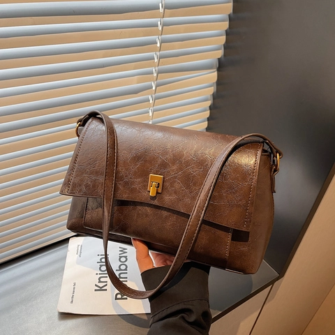 Vintage Crossbody Bag For Women Textured PU Leather Shoulder Bag With Gold Lock Retro Commuter Flap Square Bag