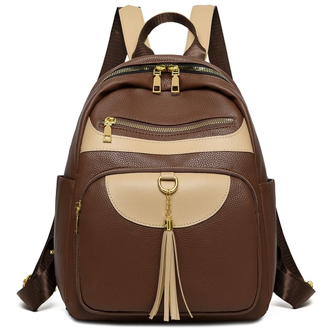 Mochila De Moda Para Mujer Cuero PU Color De Contraste Gran Capacidad Bolso De Hombro Multiusos Con Colgante De Borla
