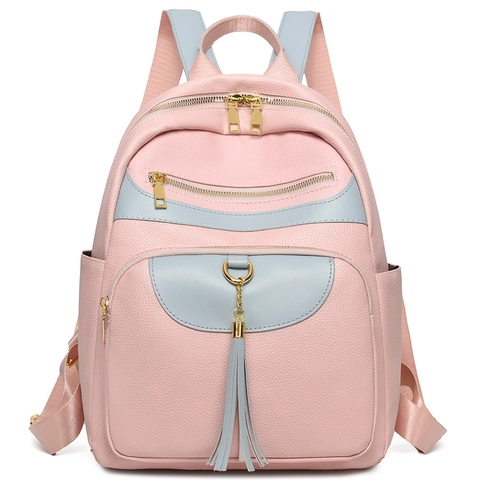 Mochila De Moda Para Mujer Cuero PU Color De Contraste Gran Capacidad Bolso De Hombro Multiusos Con Colgante De Borla