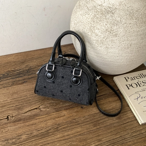Borsa Boston A Pois Con Fiocco In Tweed E Pelle PU Borsa A Mano Con Tracolla Rimovibile Retro Per Donne