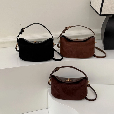 Bolso De Hombro Retro PU Gamuza Mate Gran Capacidad Forma De Media Luna Con Cierre Giratorio Chic Minimalista Para Mujer