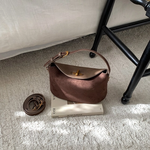 Bolso De Hombro Retro PU Gamuza Mate Gran Capacidad Forma De Media Luna Con Cierre Giratorio Chic Minimalista Para Mujer
