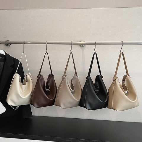 Women Hobo Shoulder Bag PU Leather Lychee Texture Large Capacity Inner Pouch Retro Casual Commuter Minimalist