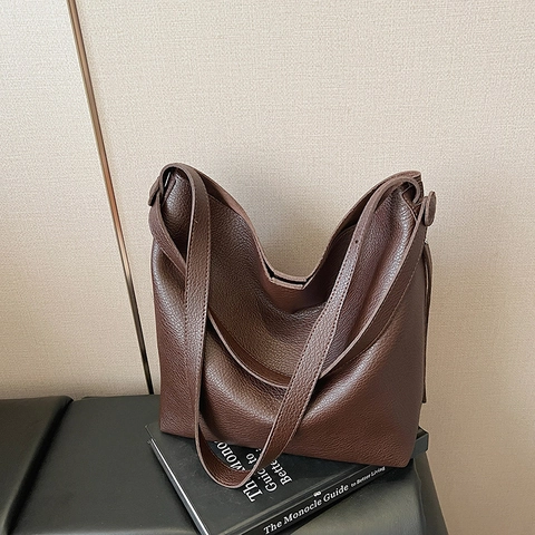 Women Hobo Shoulder Bag PU Leather Lychee Texture Large Capacity Inner Pouch Retro Casual Commuter Minimalist