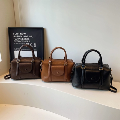 Retro PU Leder Boston Tasche Damen Handtasche Mit Fronttasche Verstellbarem Schultergurt Umhängetasche