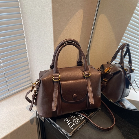 Retro PU Leder Boston Tasche Damen Handtasche Mit Fronttasche Verstellbarem Schultergurt Umhängetasche