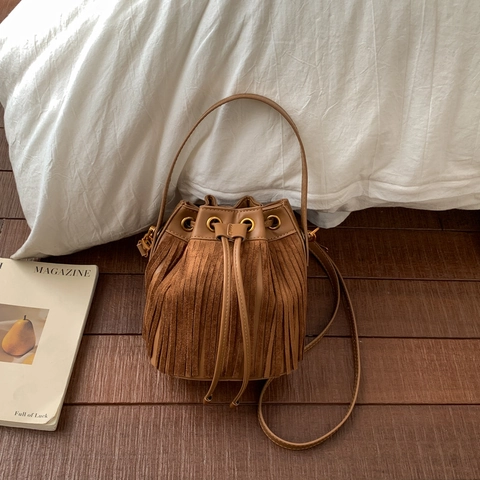 Borsa A Secchiello Retro Con Frange Camoscio PU Pelle Coulisse Tracolla Borsa A Mano Minimalista Chic Versatile Donne