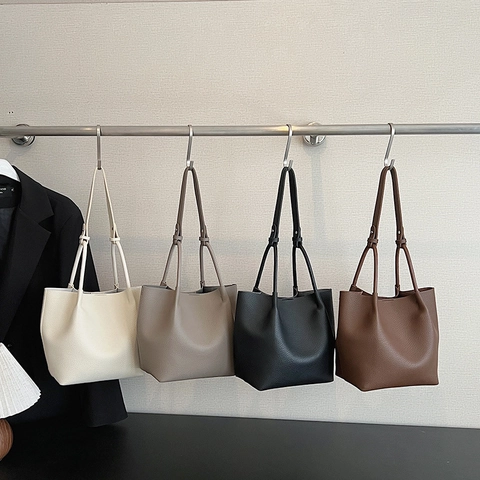 Women Lychee Pattern PU Leather Tote Bag Large Capacity Minimalist Commuter Shoulder Bucket Bag Adjustable Strap