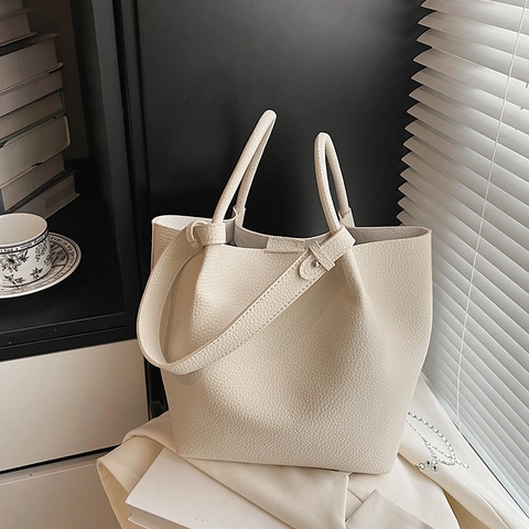 Women Lychee Pattern PU Leather Tote Bag Large Capacity Minimalist Commuter Shoulder Bucket Bag Adjustable Strap
