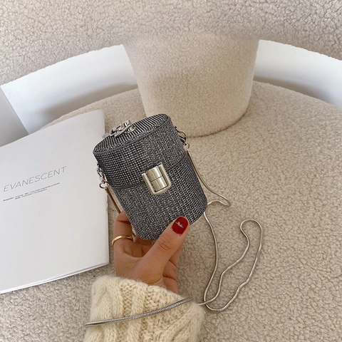 Mini Cylinder Crossbody Bag Sparkly Glitter PU Leather Evening Clutch With Metal Chain Strap Trendy Lipstick Purse