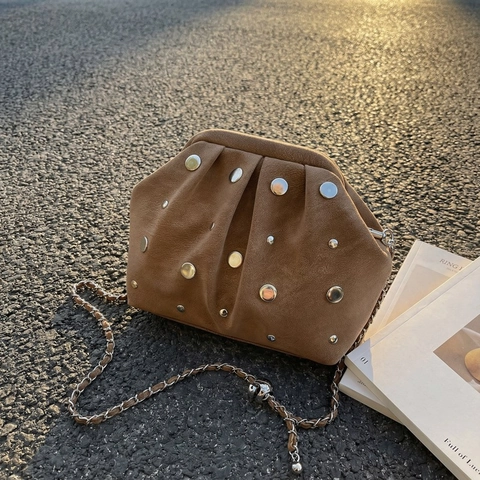 Riveted Cloud Bag Suede Texture PU Leather Silver Studded Pleated Chain Strap Evening Crossbody Shoulder Handbag Vintage