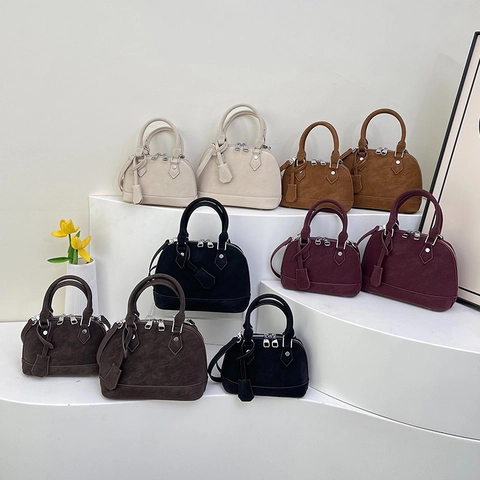 Women Vintage PU Leather Shell Bag Minimalist Handbag With Silver Hardware Adjustable Shoulder Strap Retro Solid Color Satchel Crossbody Bag