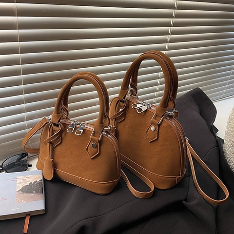 Women Vintage PU Leather Shell Bag Minimalist Handbag With Silver Hardware Adjustable Shoulder Strap Retro Solid Color Satchel Crossbody Bag