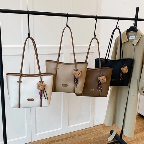 Vintage Damen Tote Bag Lychee Muster PU Leder Große Kapazität Handtasche Mit Plüschbär Anhänger Für Alltag Arbeit