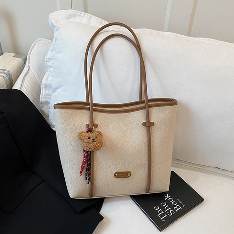 Vintage Damen Tote Bag Lychee Muster PU Leder Große Kapazität Handtasche Mit Plüschbär Anhänger Für Alltag Arbeit