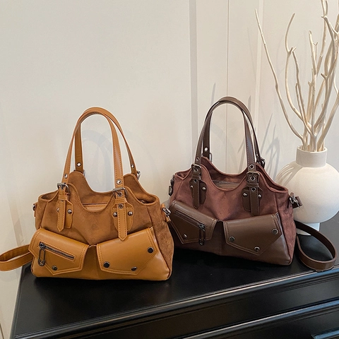 Borsa Moto Vintage Donne Pelle PU Camoscio Cuciture Multi Tasche Borsa A Mano Spalla Tracolla Retro Borsa Pendolare