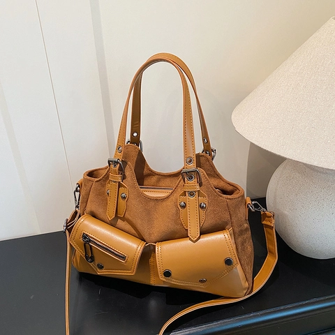 Borsa Moto Vintage Donne Pelle PU Camoscio Cuciture Multi Tasche Borsa A Mano Spalla Tracolla Retro Borsa Pendolare