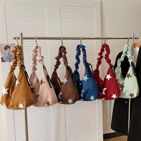 Star Pattern Suede Tote Bag With Scrunchie Shoulder Strap Large Capacity Versatile Autumn Winter Women Handbag