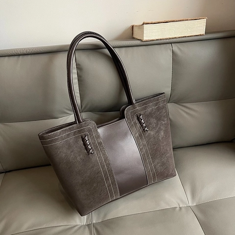 Bolso Tote de Cuero PU Vintage para Mujer Costura de Contraste Detalle Tejido Gran Capacidad Bolso de Hombro
