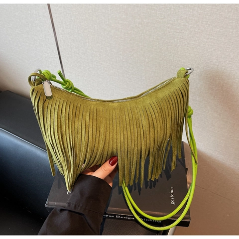 Damen Halbmond Schultertasche Aus Wildlederimitat Mit Böhmischen Fransen Retro Umhängetasche Hobo Bag Mit Knotenriemen