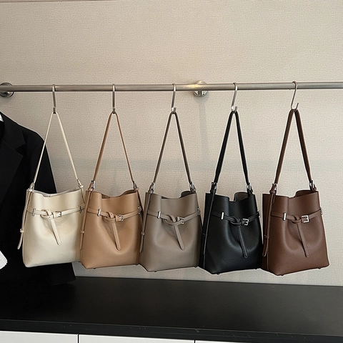 Eimer Tasche Lychee Muster PU Leder Magnetverschluss Große Kapazität Vintage Urban Minimalistisch Damen