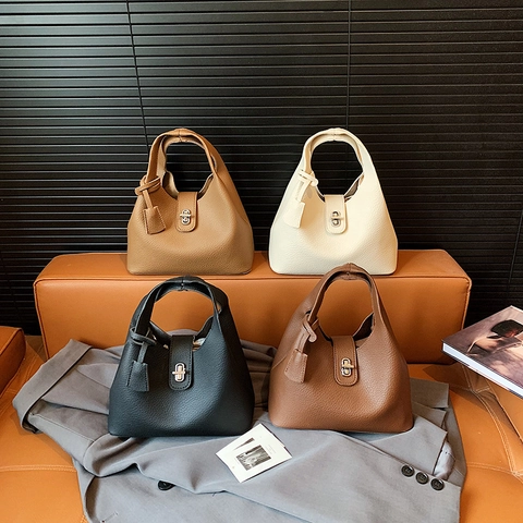 Eimer Tasche Lychee Narbung PU Leder Damen Handtasche Mit Metall Drehverschluss Abnehmbarem Schultergurt Nische Design