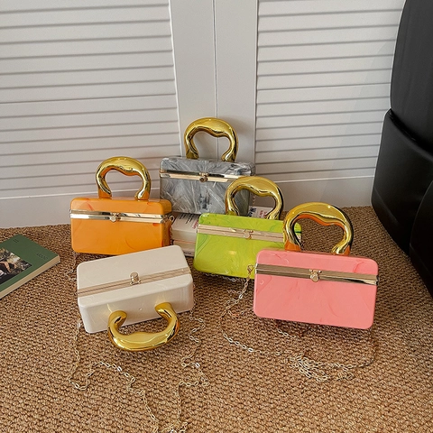Borsa Box In Acrilico Con Motivo Marmorizzato Manico In Metallo Dorato E Catena Rimovibile Pochette Da Sera Per Donna