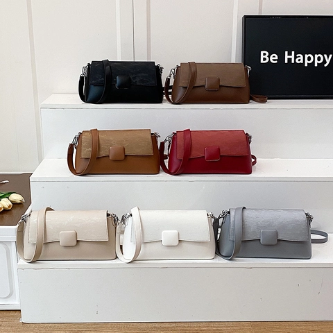 Borsa Tracolla Donna Pelle PU Texture Splicing Patta Quadrata Borsa Spalla Retro Versatile Tracolla Regolabile Viaggio
