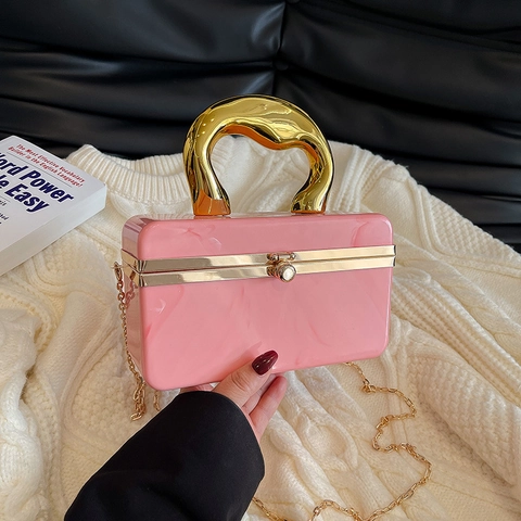 Borsa Da Sera In Acrilico Texture Marmo Con Manico In Metallo Dorato Pochette Rigida Da Donna Per Feste Tracolla