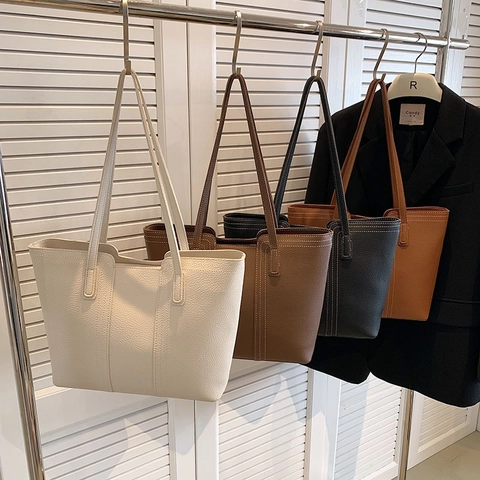 Tote Bag PU Leder Litschi Maserung Kontrast Weißer Naht Große Kapazität Reißverschluss Pendler Trendige Minimalistisch Damen